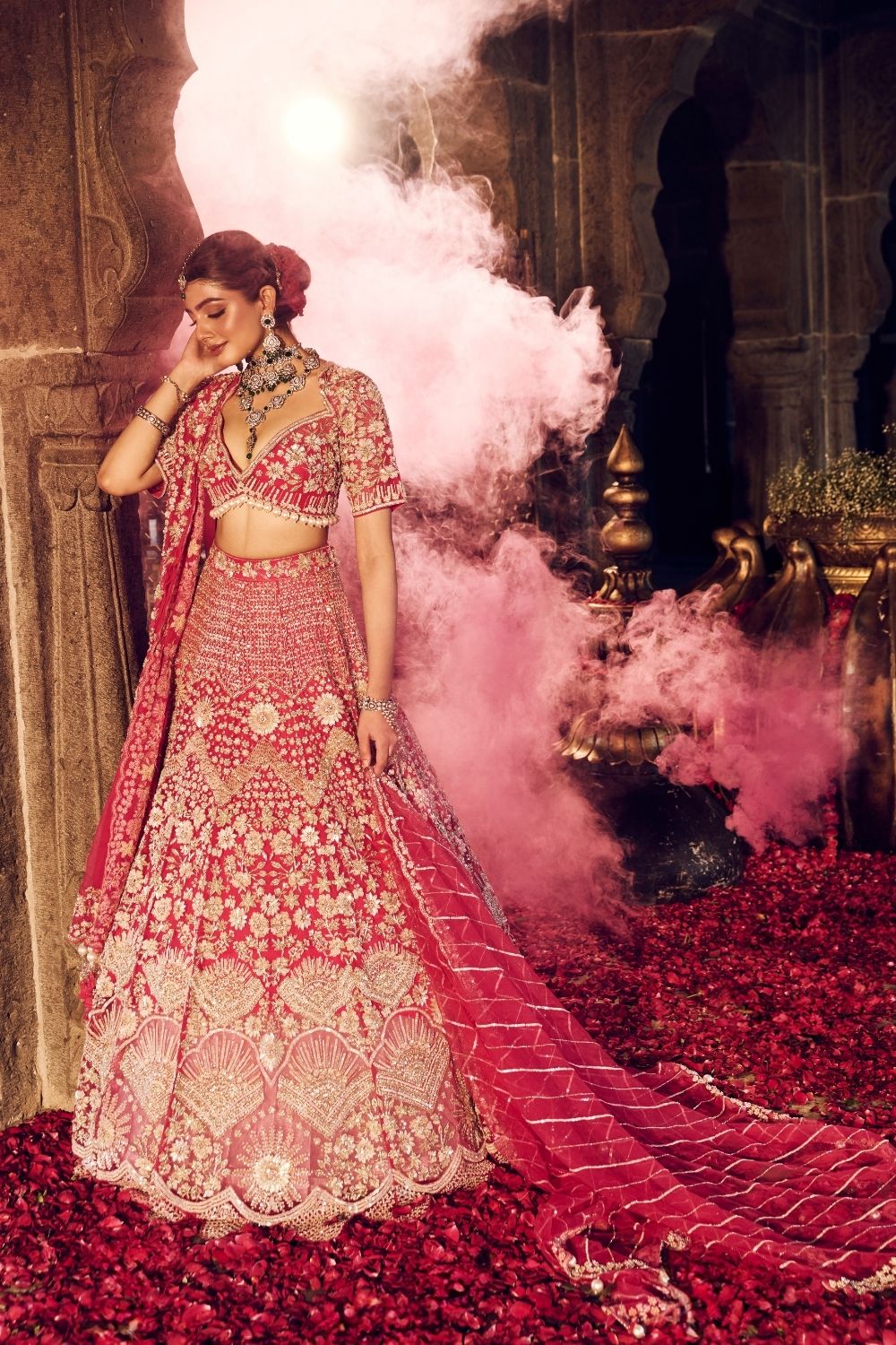 Jahanara Hot Pink Kora Organza Lining Shantoon Sequence Cutdana Bridal Lehenga Set