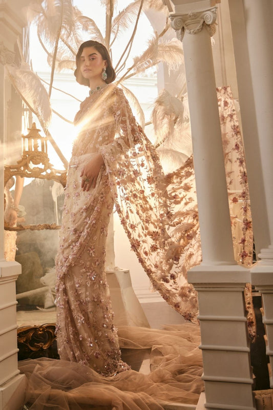 Fortuna Baby Pink Embellished Net Saree and Blouse