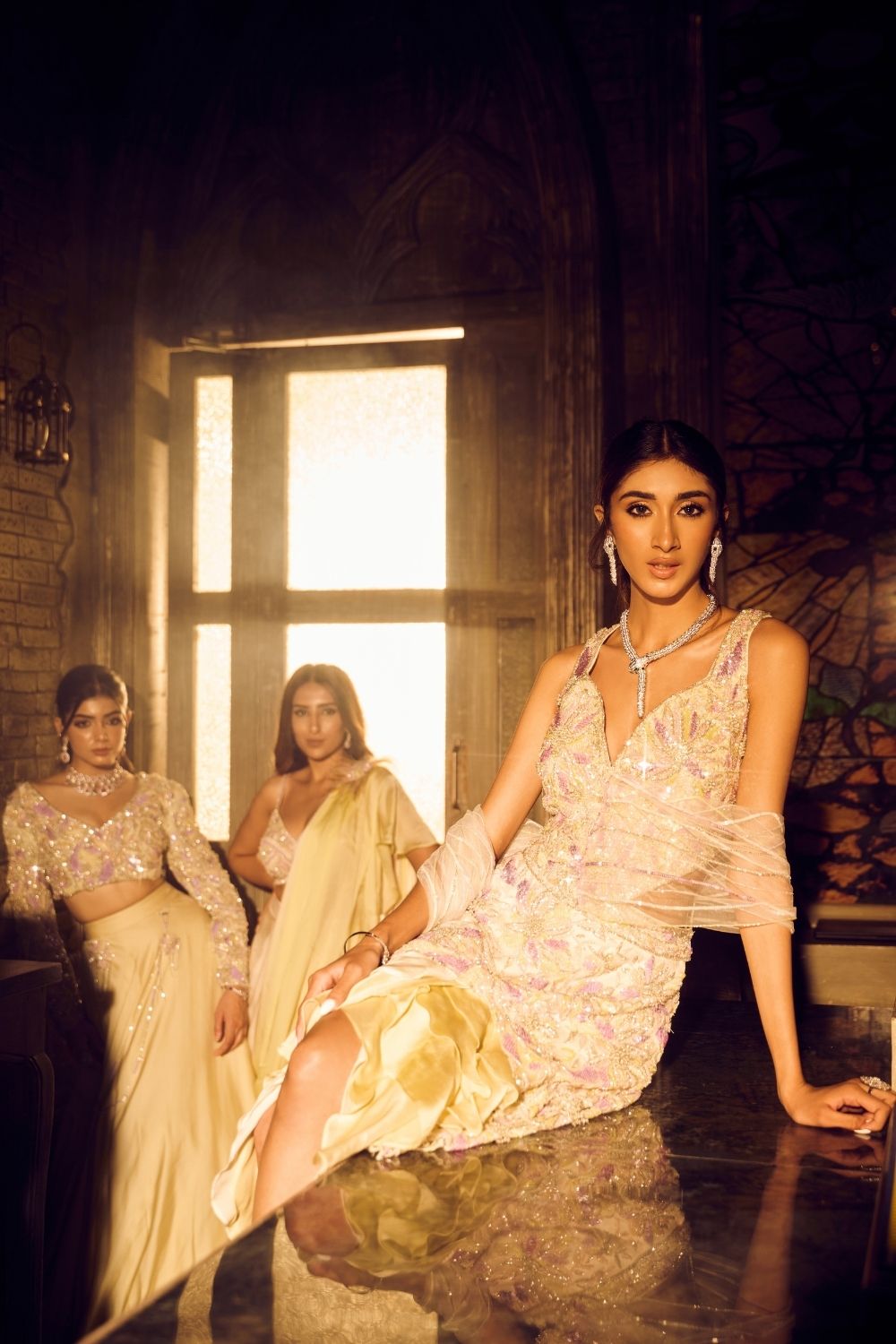 Carina Green Ivory Ombre Embellished V-neck Satin Organza Net Ruffle Gown with Drape