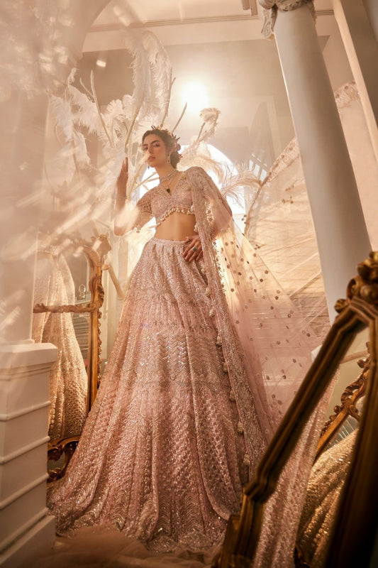 Nyx Lilac Embellished Net Lehenga and Deep-V Blouse with Dupatta