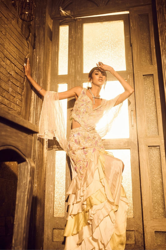 Carina Green Ivory Ombre Embellished V-neck Satin Organza Net Ruffle Gown with Drape