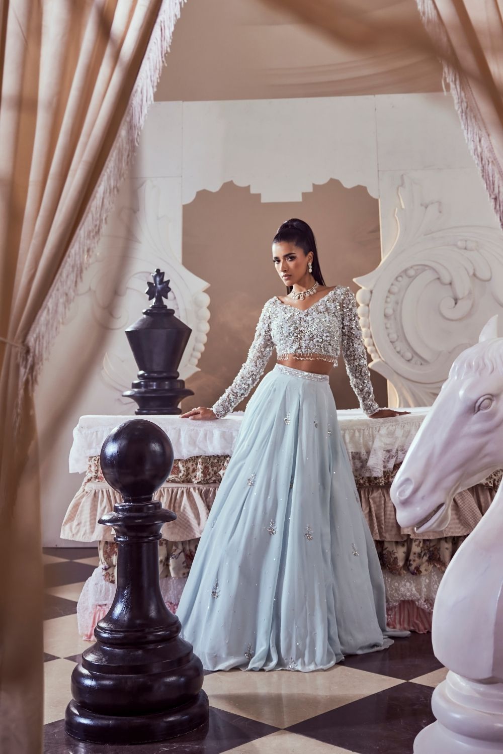 Margaret Powder Blue 3D Stone Embellished Crepe and Net Lehenga Set with Sweet-V Neckline