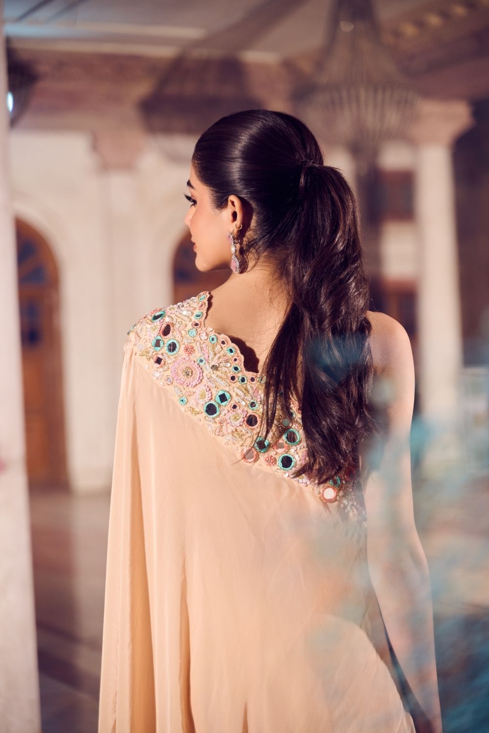 Zarafshan Cream Mirrorwork One shoulder Kaftan with Flared Pant and Bustier