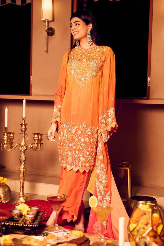 Saffron Glow Orange Viscose Organza Embellished Kurta Set with Dupatta