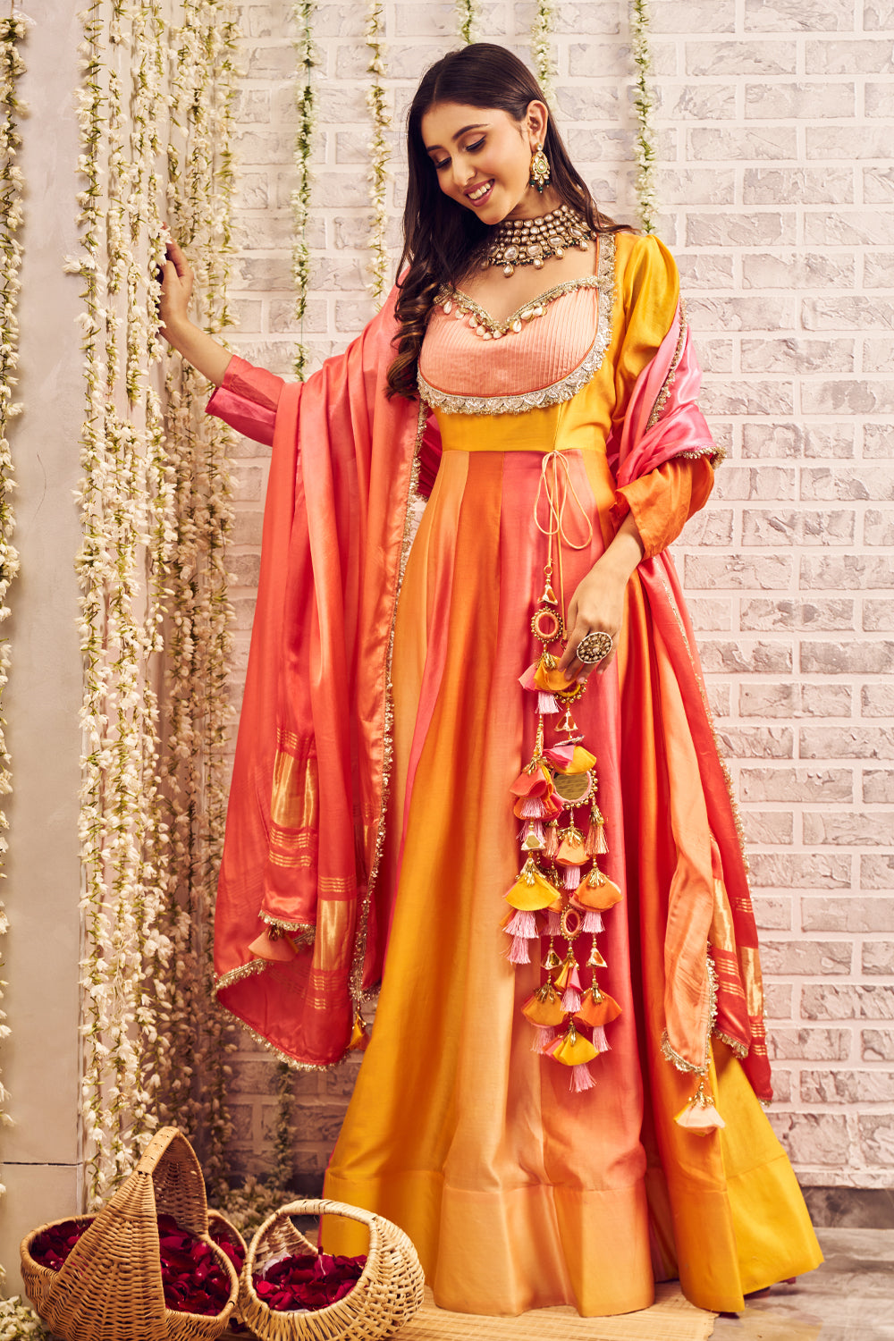 Shagna Raina Yellow Pink Chanderi Anarkali with Dupatta