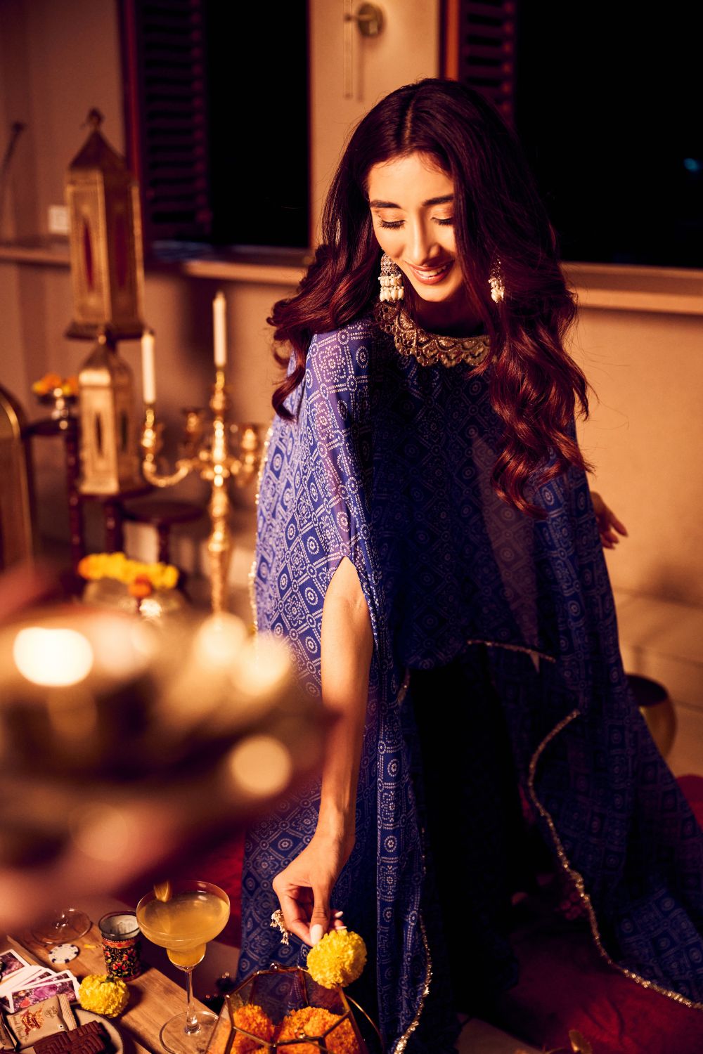 Cascading Sea Blue Printed Georgette Cape Sleeves Kaftan with Flare Pants