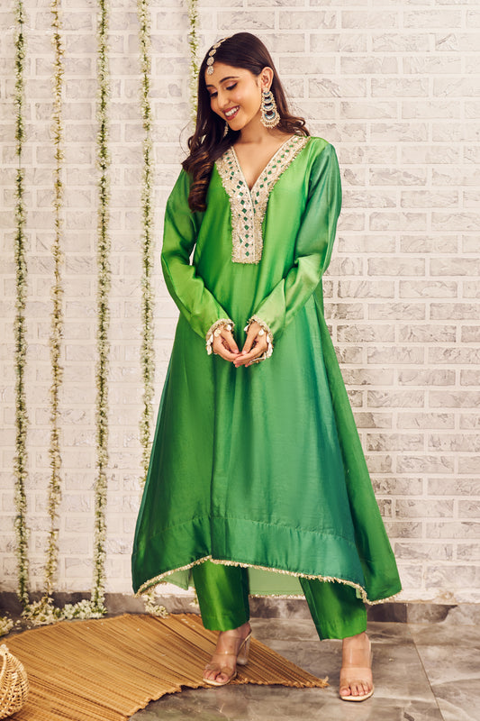 Shagna Di Ruhaniyat Green Chanderi Kurti with Pants Set