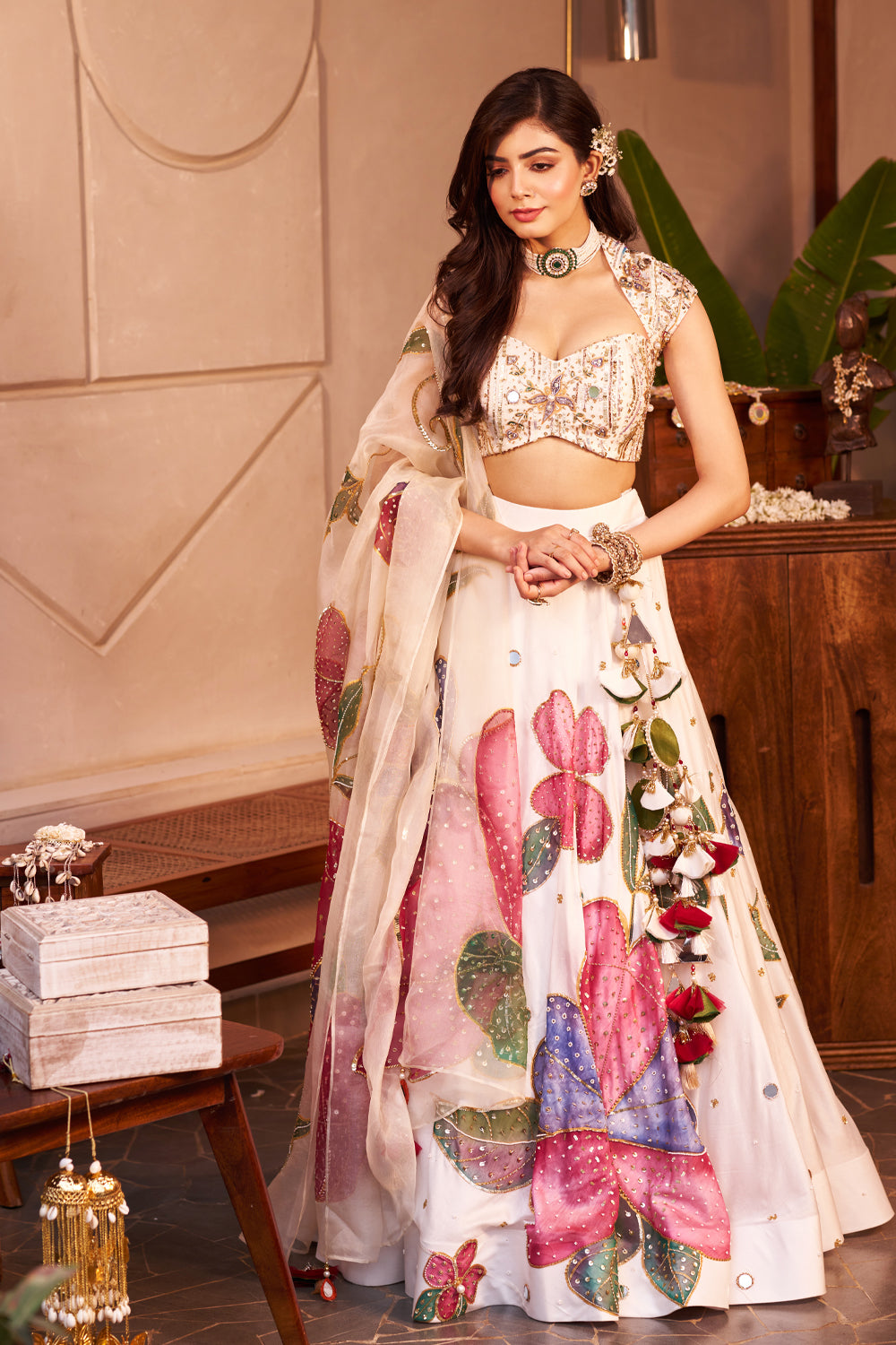 Nargis Ivory Kora Organza Floral Embellishment & Embroidered Lehenga Set