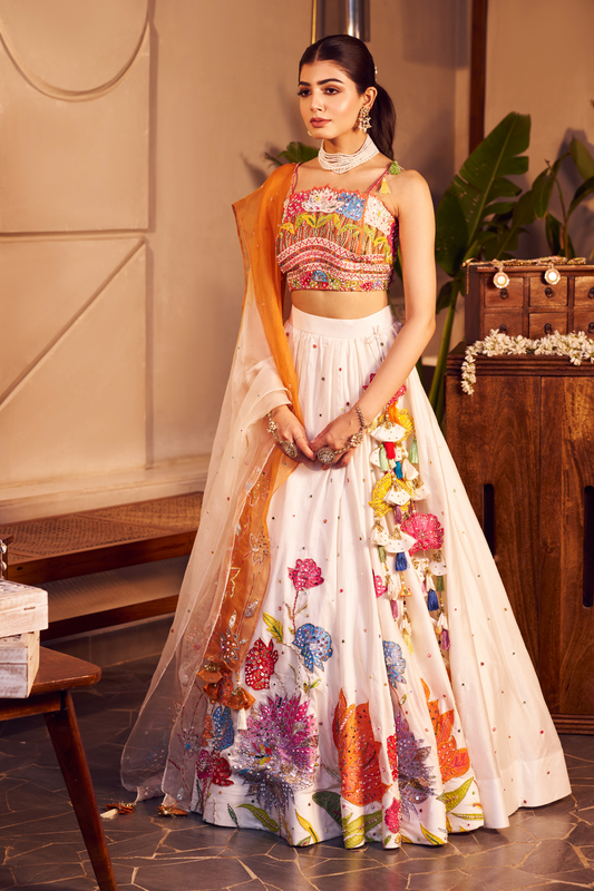 Tamannah Ivory Chanderi Embroidered Thread Square Floral Patchwork Lehenga Set