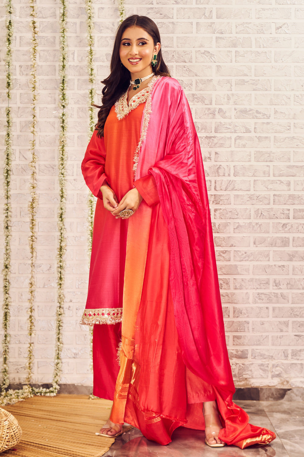 Shagna Hoor Orange Pink Chanderi Kurta Pants with Dupatta Set