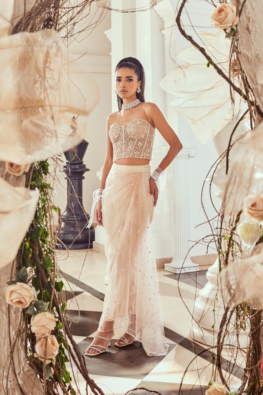 Adelina Blush Pink Hand Embellished Net Corset and Drape Set