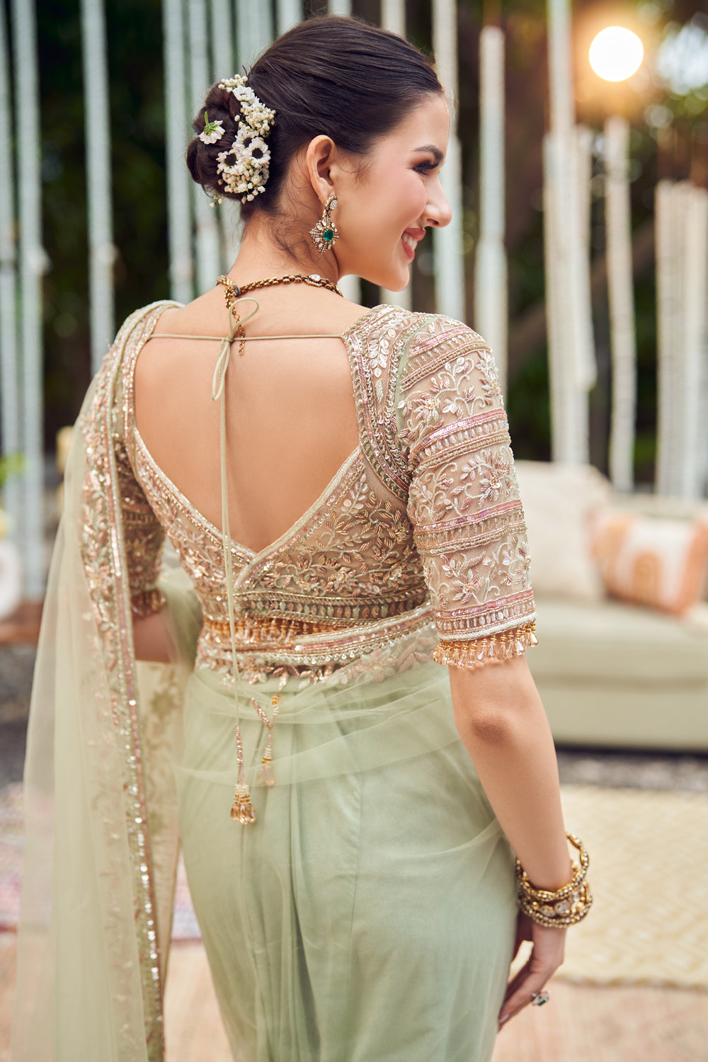 Jade Elegance Green Net Embroidery Sequin Sweetheart Neck Flora Border Saree With Blouse