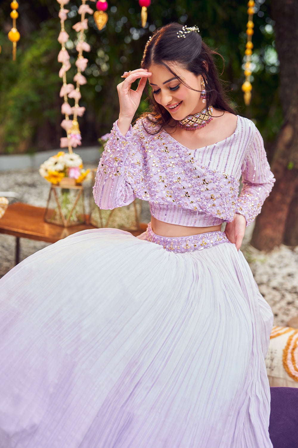 Orchid Purple Organza Lining Shantoon Embroidery Pleated Lehenga With Blouse