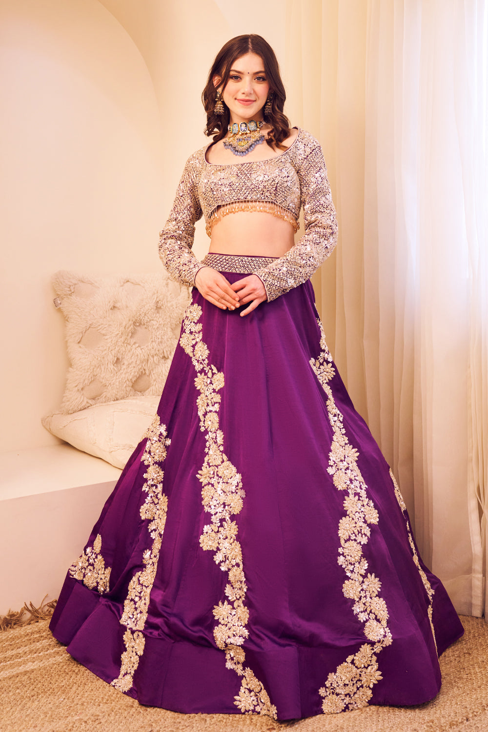 Nyra Purple Satin Silk Lining Shantoon Embroidery Sequin Ambrosia Lehenga Set