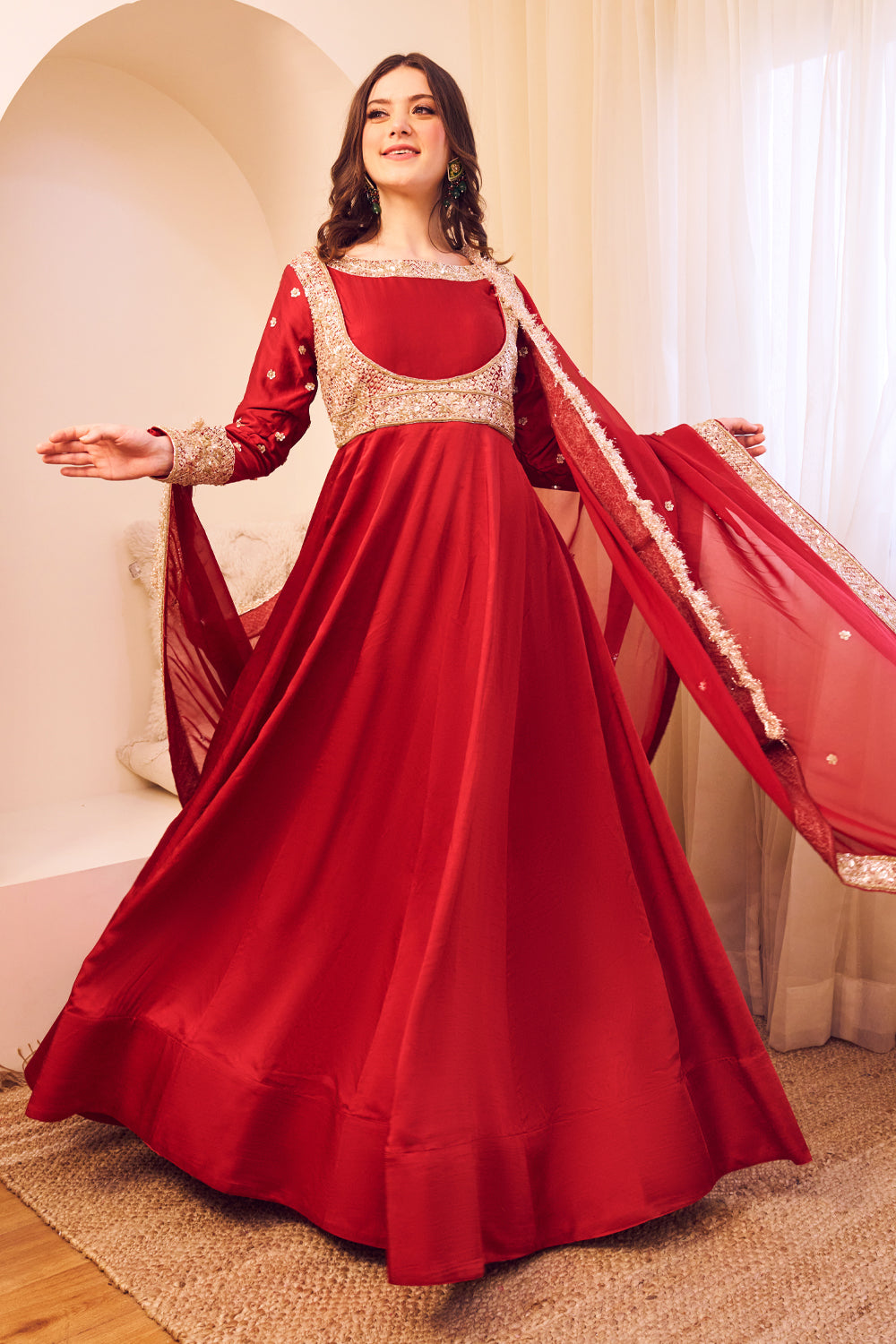 Meherbaan Maroon Satin Silk Lining Shantoon Ditsy Bloom Anarkali Set