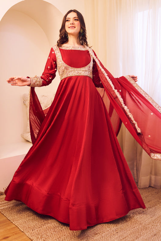 Meherbaan Maroon Satin Silk Lining Shantoon Ditsy Bloom Anarkali Set