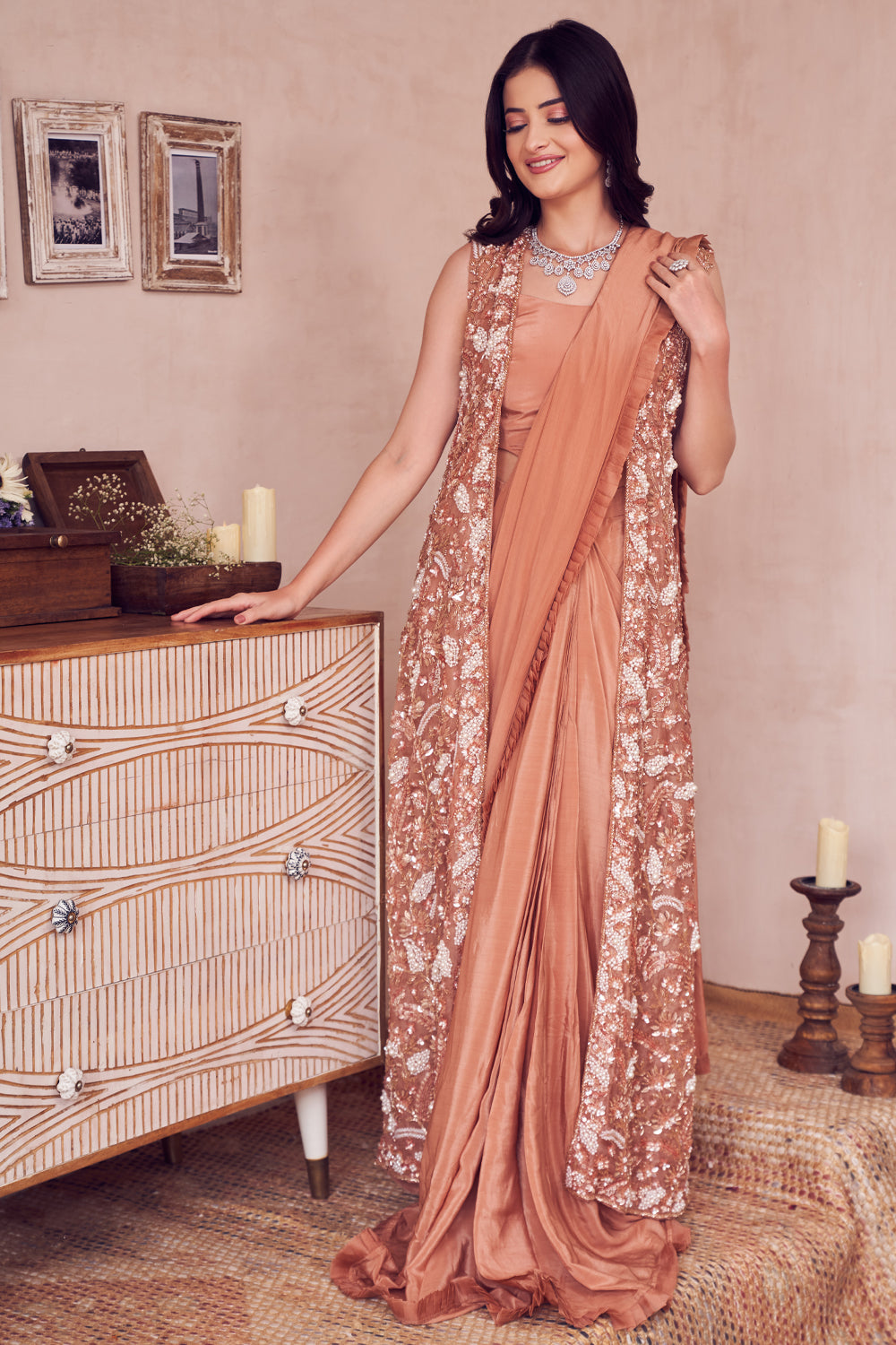 Gilded Rose Gold Lining Shantoon Embellished Pre-Draped Saree With Jacket