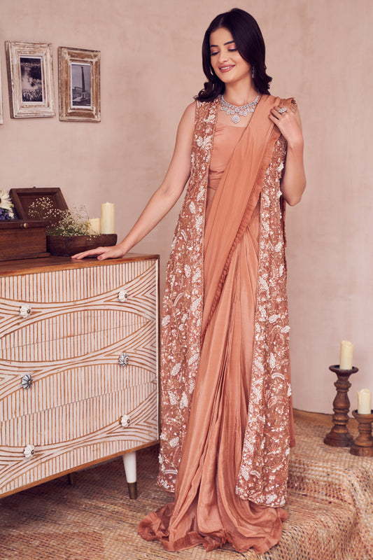 Gilded Rose Gold Lining Shantoon Embellished Pre-Draped Saree With Jacket