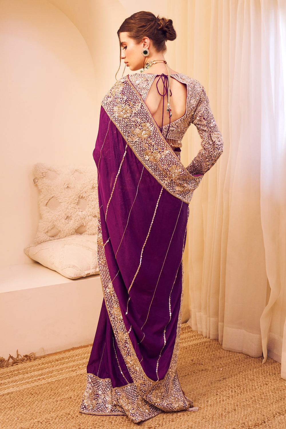 Riyaaz Purple Organza Lining Shantoon Phool Bahar Border Saree With Blouse