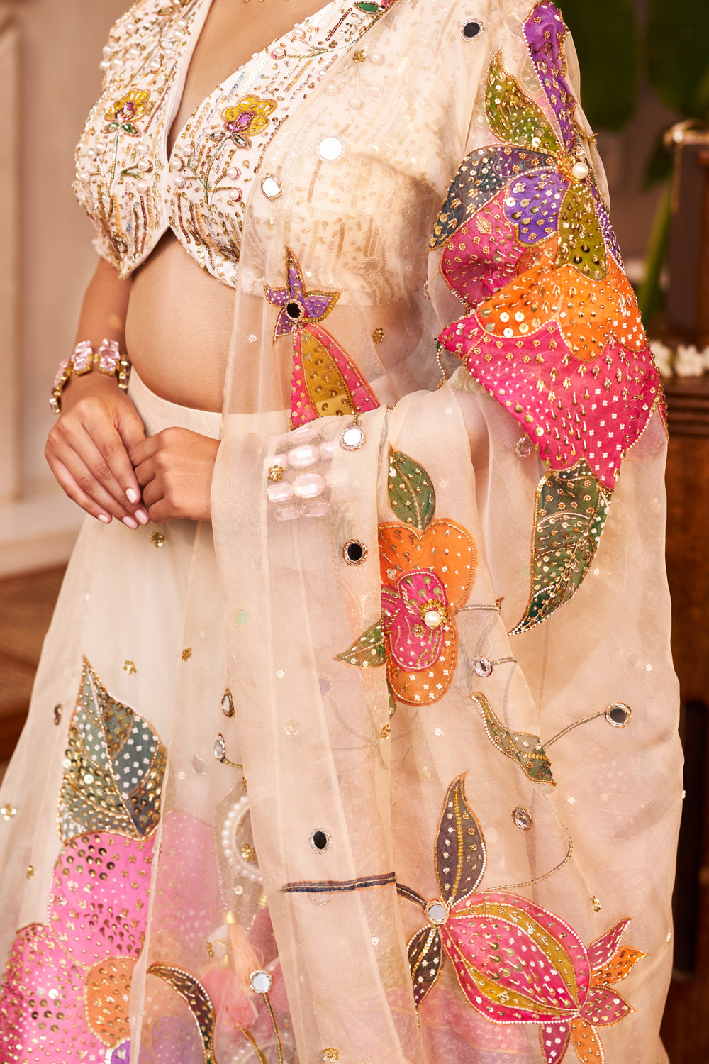 Maya Ivory Kora Organza Hand Paint Floral V-Neck Lehenga Set