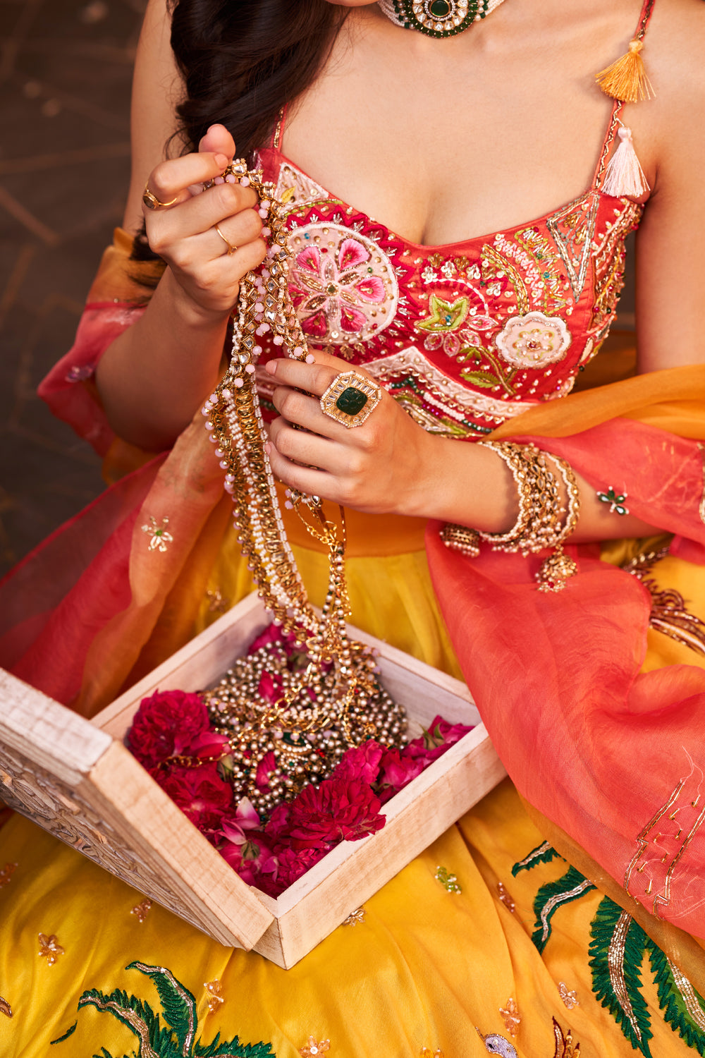 Aditi Yellow Chanderi Embroidered Thread Nature Patchwork Lehenga Set