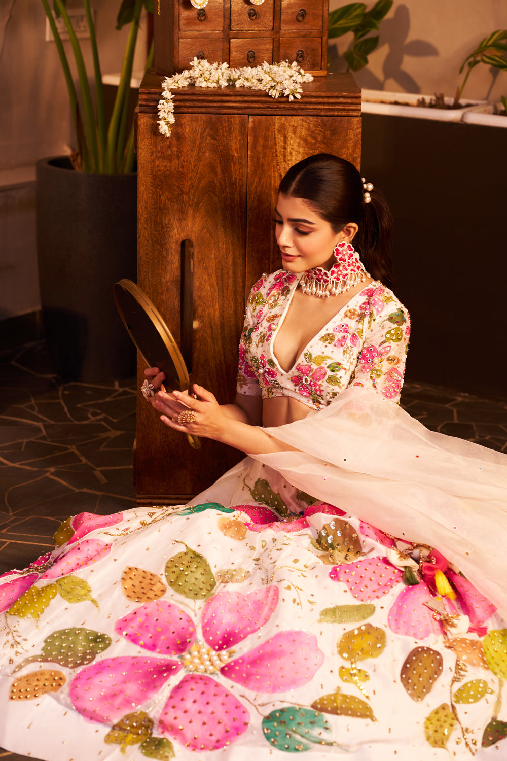 Naina Ivory Chanderi Embellished Floral Plunge V-Neck Handpainted Lehenga Set