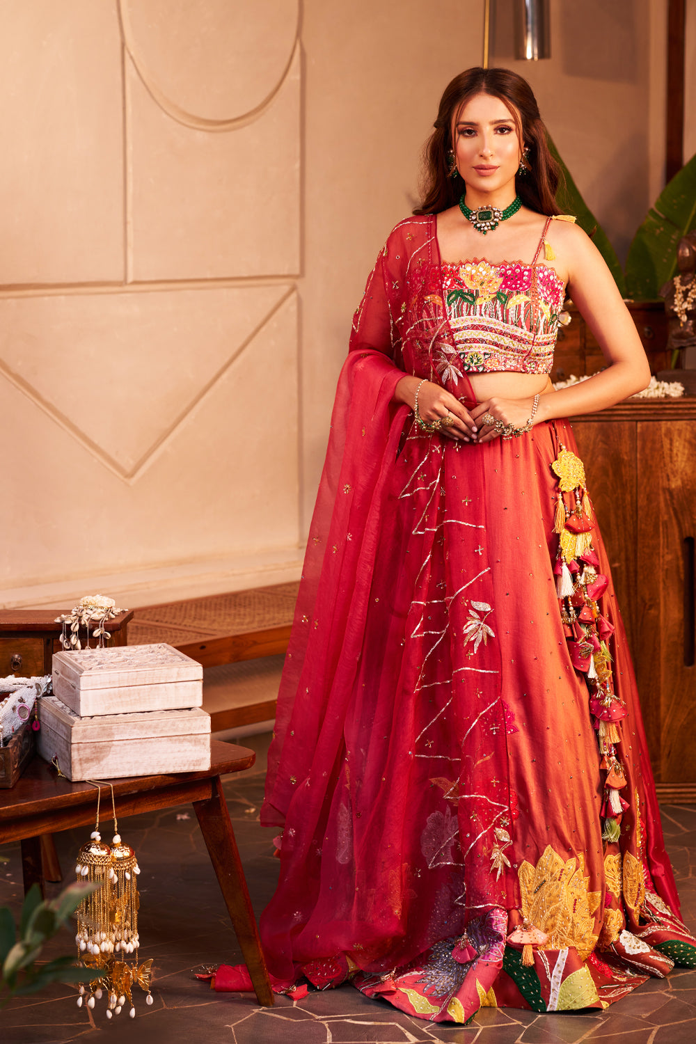 Gauhar Orange Kora Organza Lotus Square Embellishment & Embroidered Lehenga Set