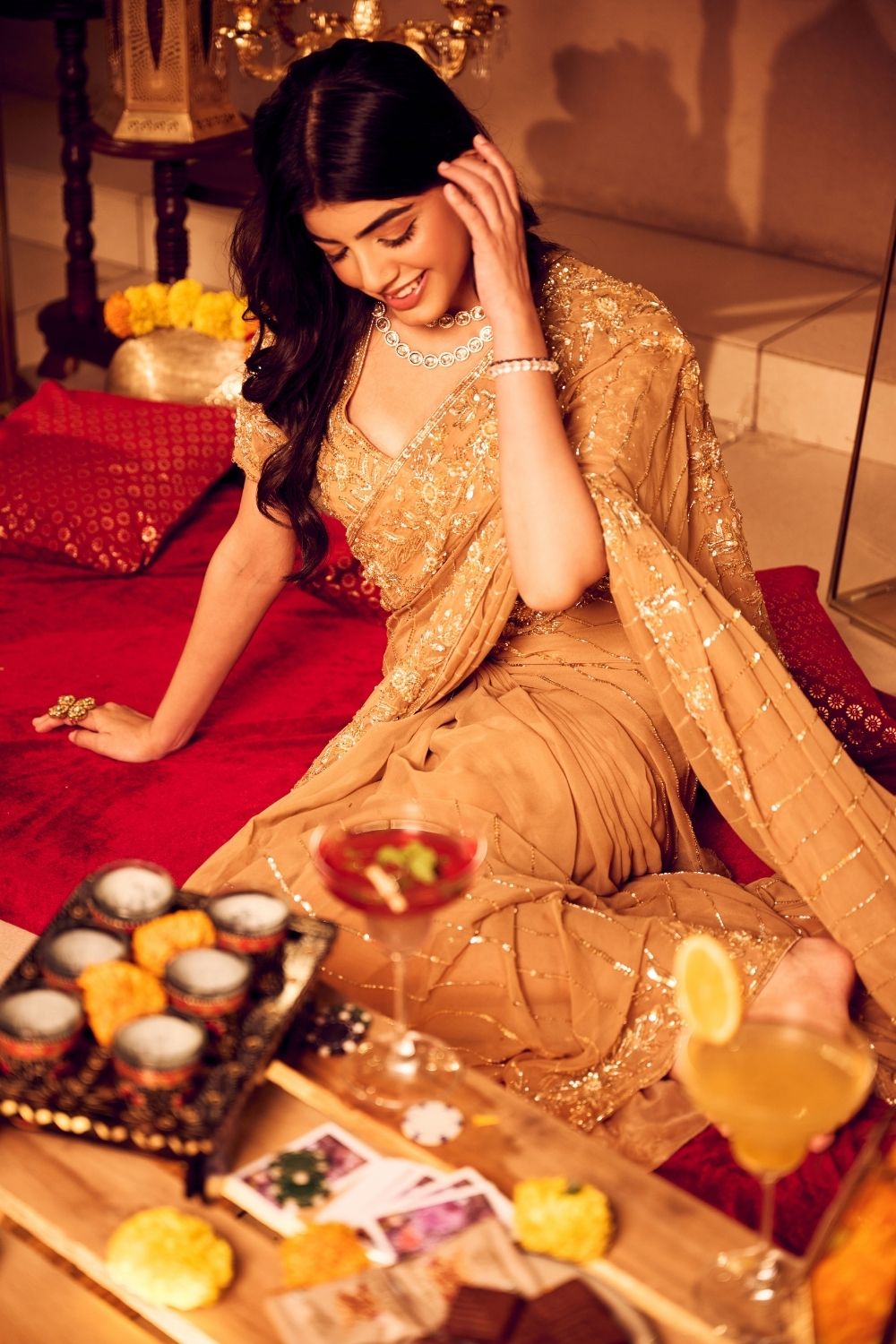 Golden Sunset Gold Georgette Embellished Cutdana Drape Saree with Blouse