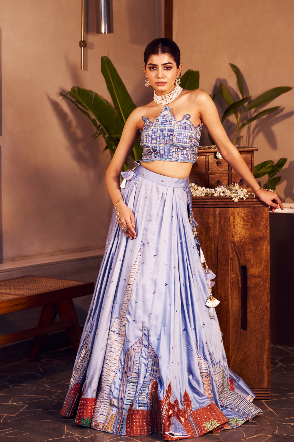 Ila Purple Chanderi Embroidered Thread Cut-Out Patchwork Lehenga Set