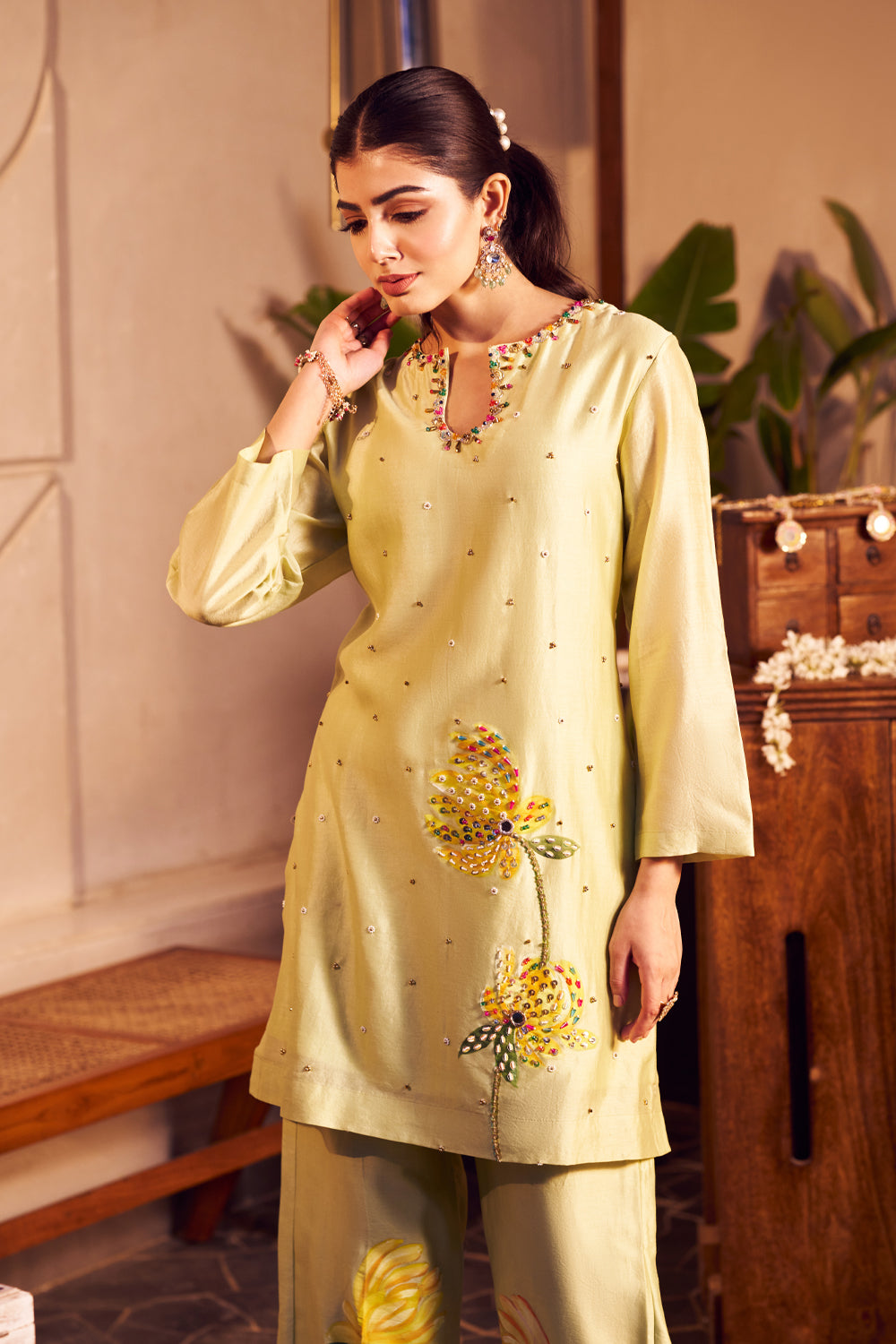 Lali Yellow Chanderi Embellished Sequin Floral Handpainted Kurta With Pant