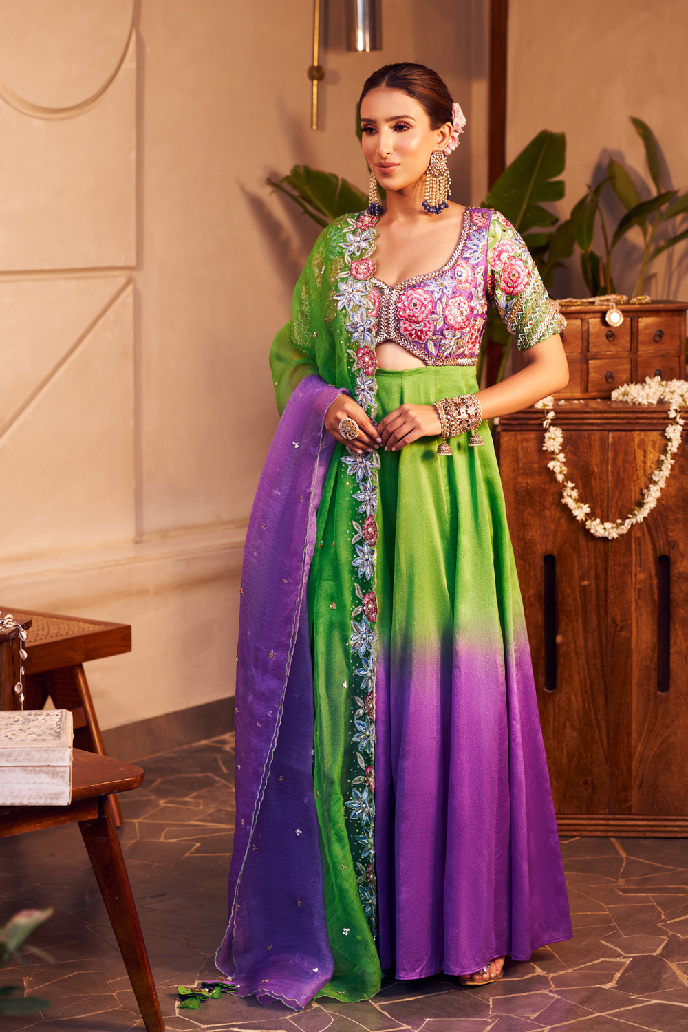 Nandini Purple Chanderi Embroidered Thread Floral Cut-Out Anarkali With Dupatta