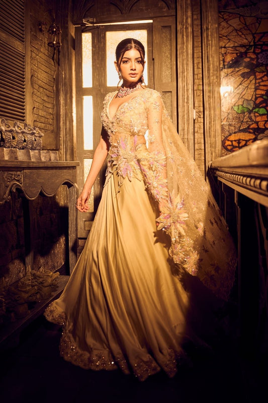 Lyra Green Ivory Ombre Embellished V-neck Satin Organza Net Lehenga with Dupatta