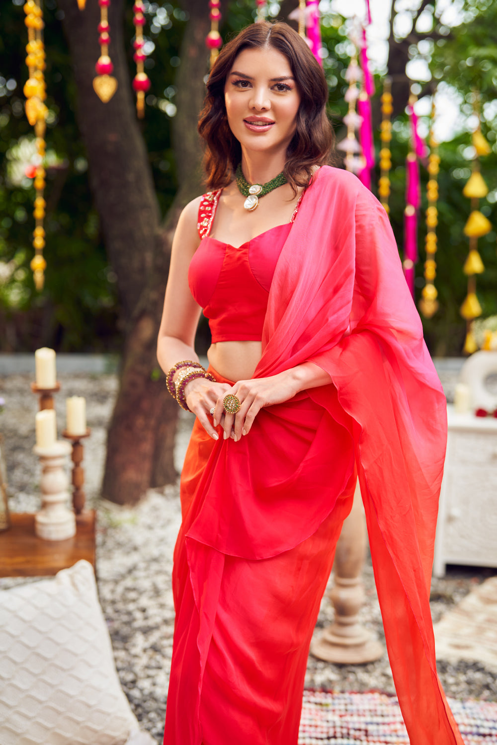 Blushing Ombre Red Viscose Organza Corset Blouse With Pre-Draped Saree