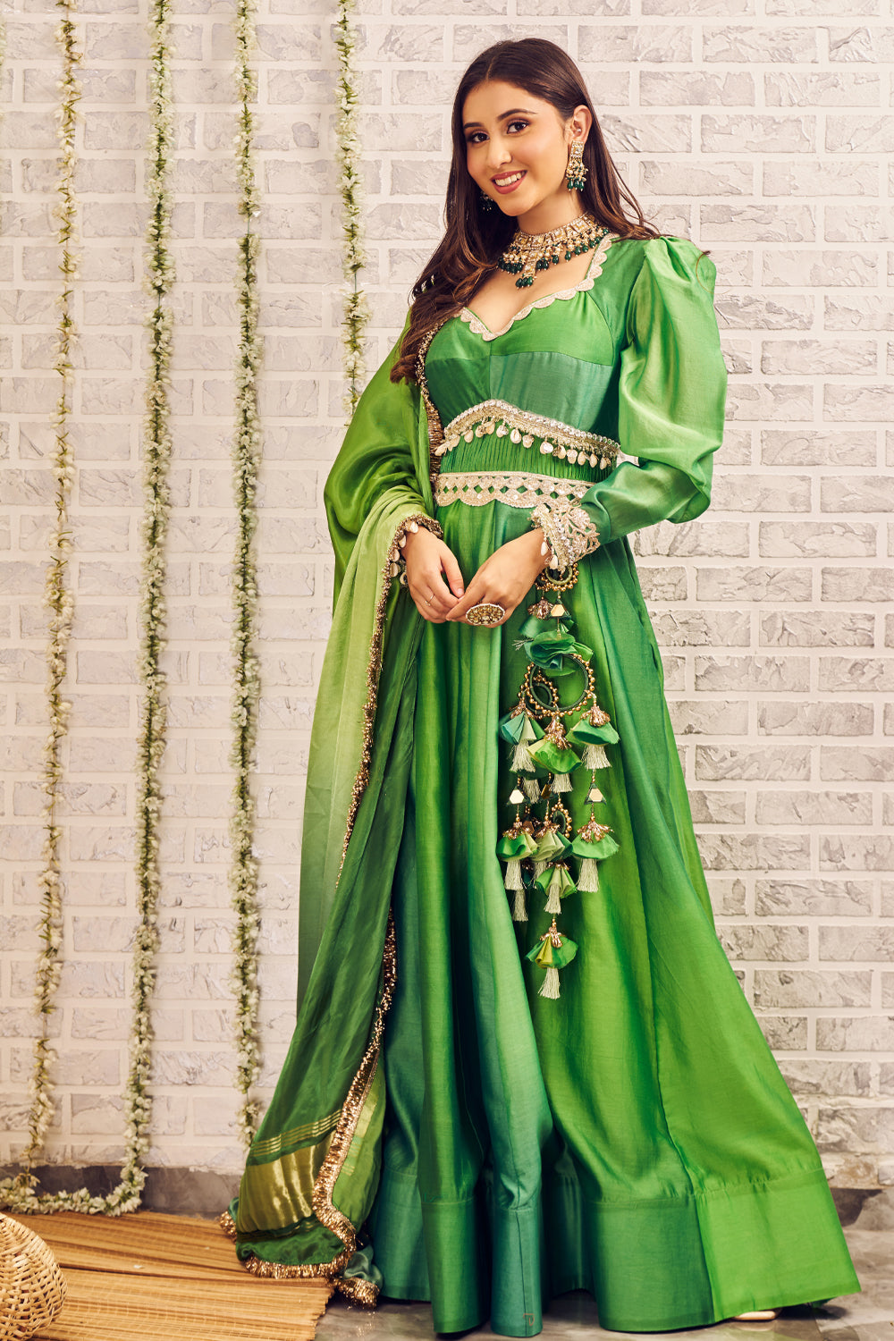 Shagna Aizaz Green Chanderi Anarkali with Dupatta