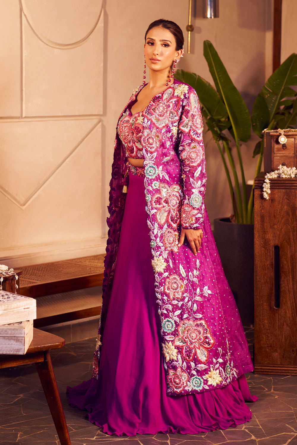 Radha Purple Georgette Embroidered Lehenga Set With Floral Patchwork Jacket