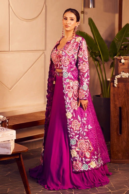 Radha Purple Georgette Embroidered Lehenga Set With Floral Patchwork Jacket