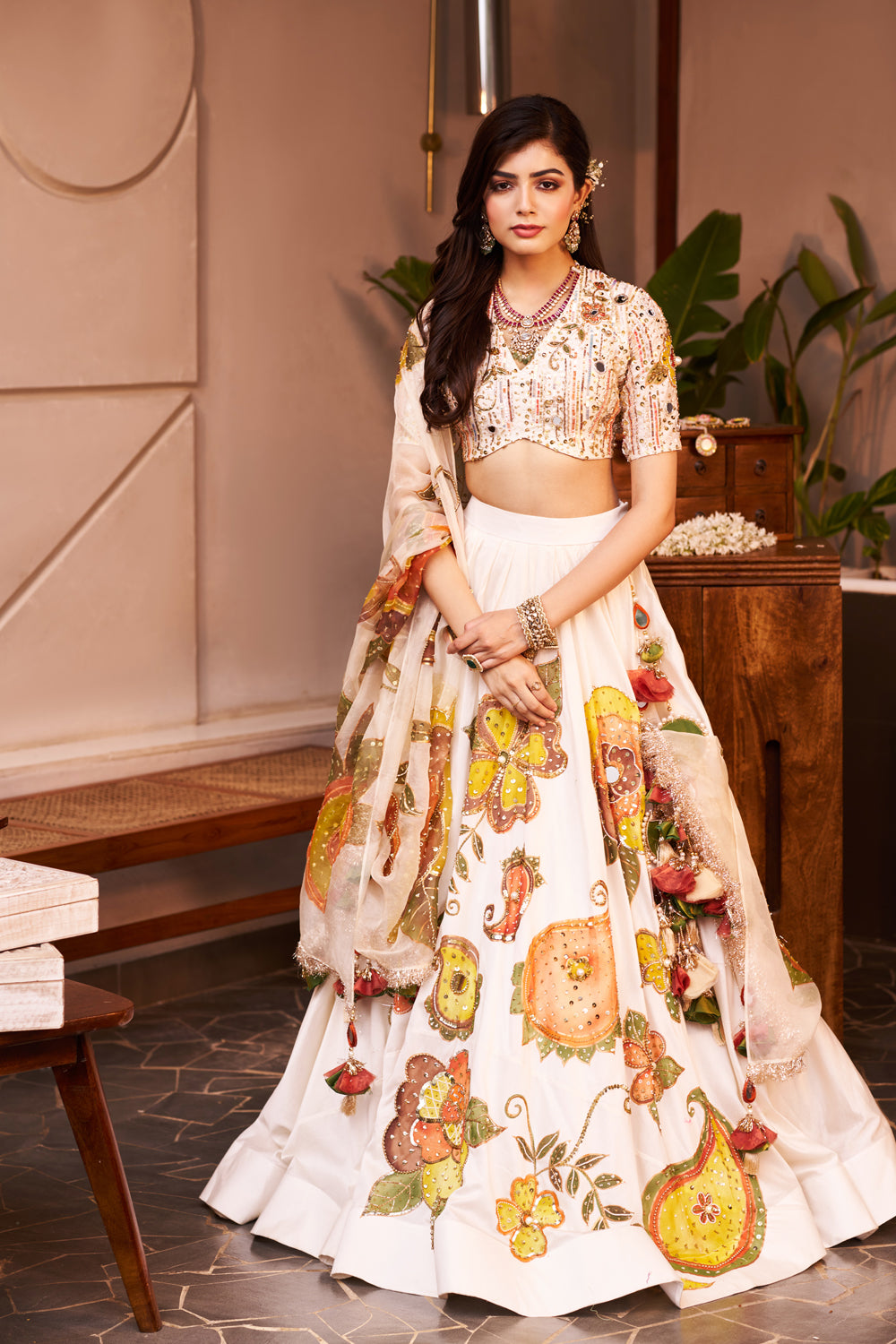 Shehnaaz Ivory Kora Organza Cutdana Embellishment & Embroidered Lehenga Set