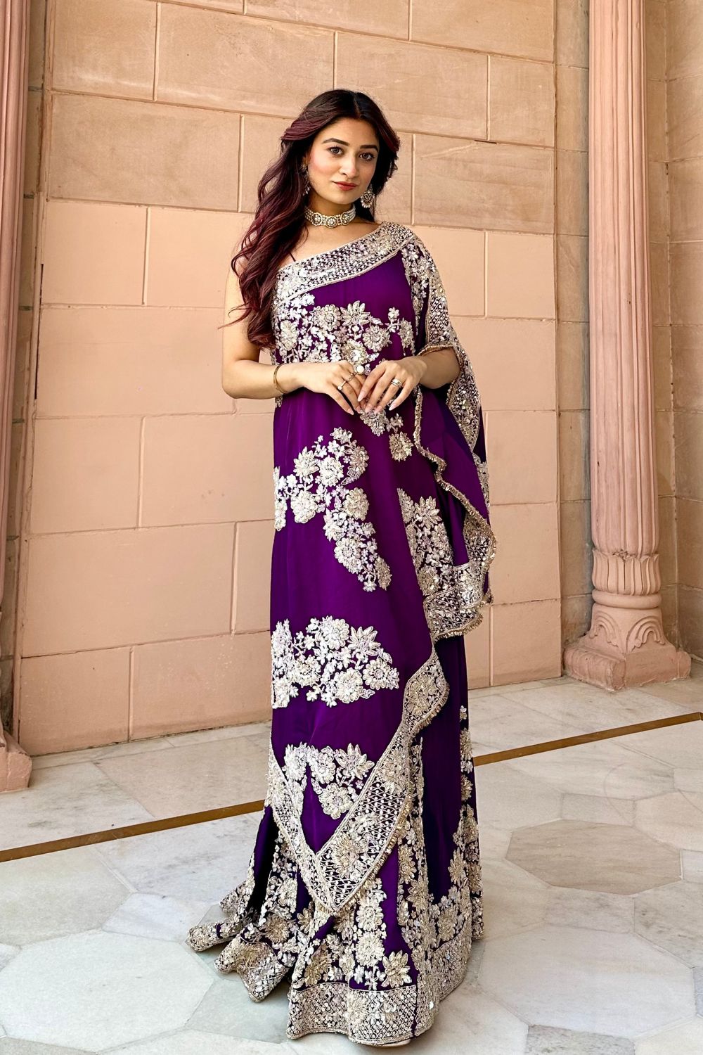 Swarna Purple Satin Silk Lining Shantoon Embroidery Rooh Bahar Kaftan With Sharara