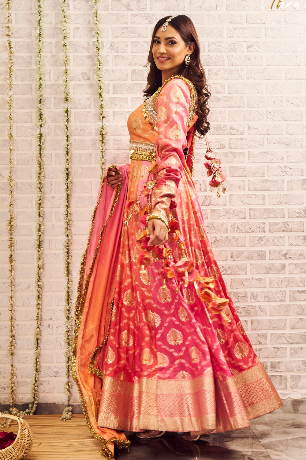 Shagna Inayat Orange Pink Banarasi Anarkali with Dupatta