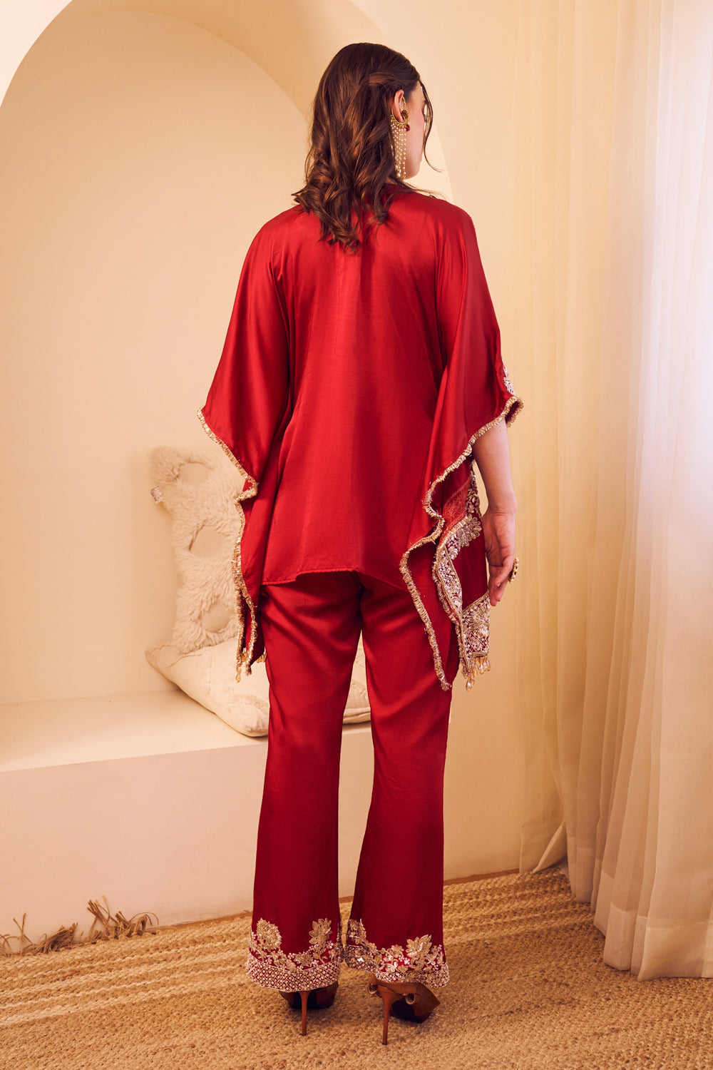 Seher Hot Pink Satin Silk Lining Shantoon Gullistta Bloom Kaftan With Pant