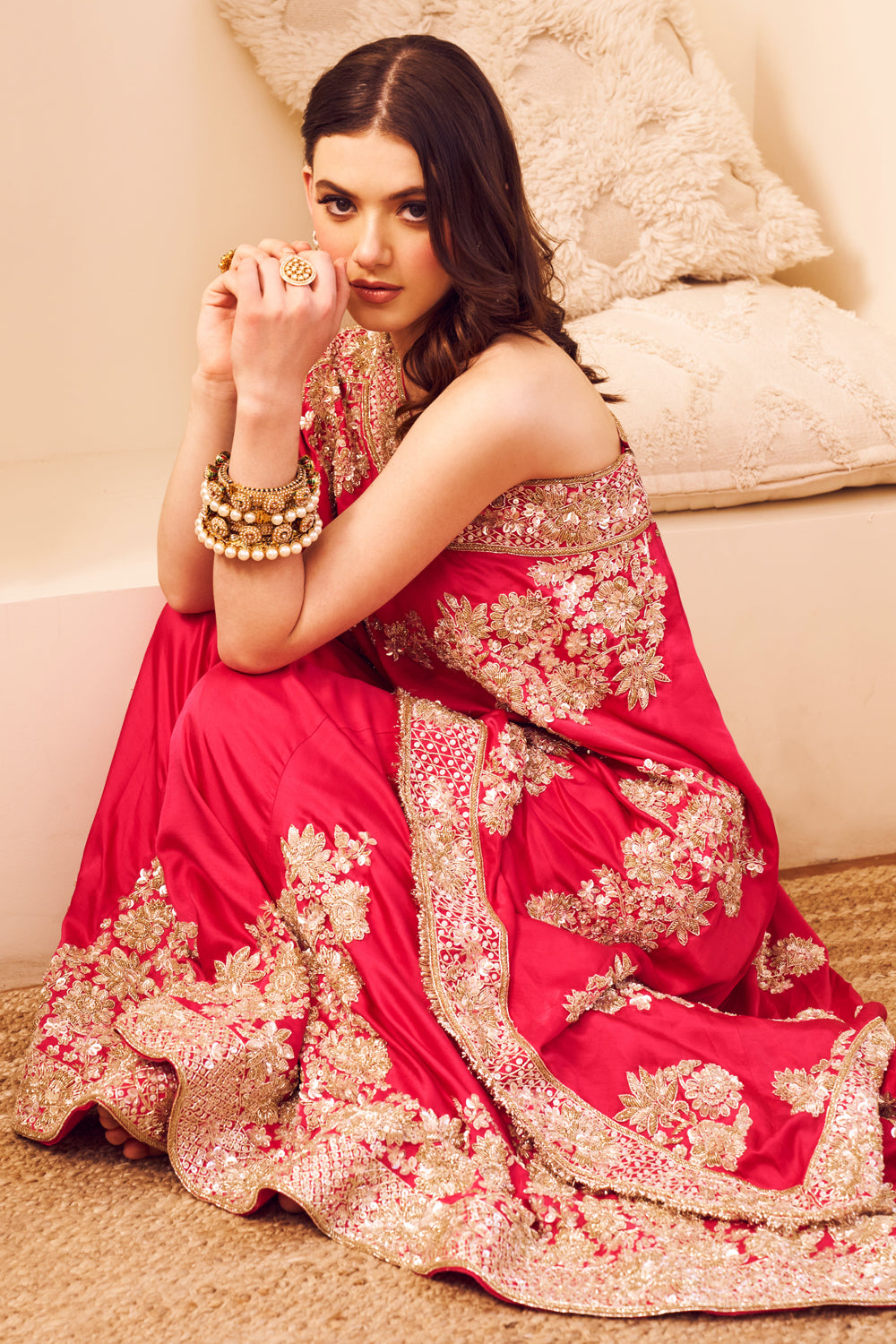 Swarna Hot Pink Satin Silk Lining Shantoon Embroidery Rooh Gulbahar Kaftan With Sharara