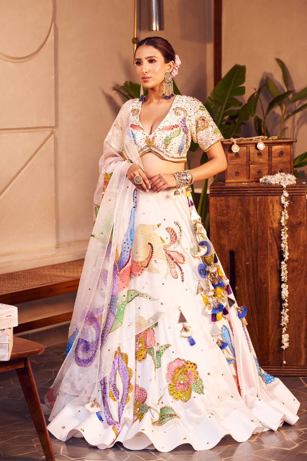 Rukmini Ivory Kora Organza Embellished & Painted Lehenga Set