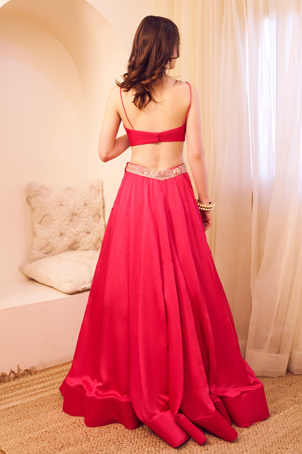 Aashiyaan Pink Satin Silk Lining Shantoon Embroidery Bahar Jaal Lehenga Set