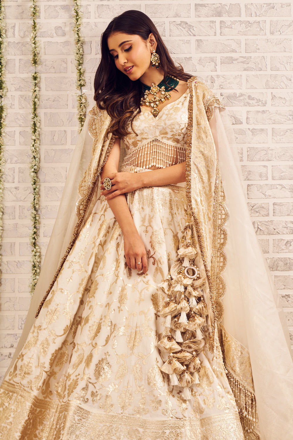 Shagna Rooh Ivory Banarasi Skirt and Blouse with Dupatta Set