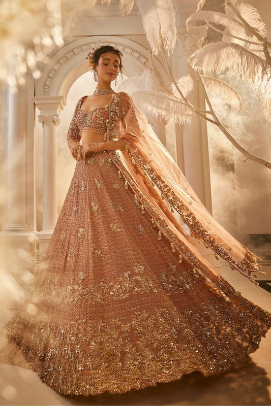 Juno Rose Gold Embellishedd Net Lehegna and Blouse with Dupatta