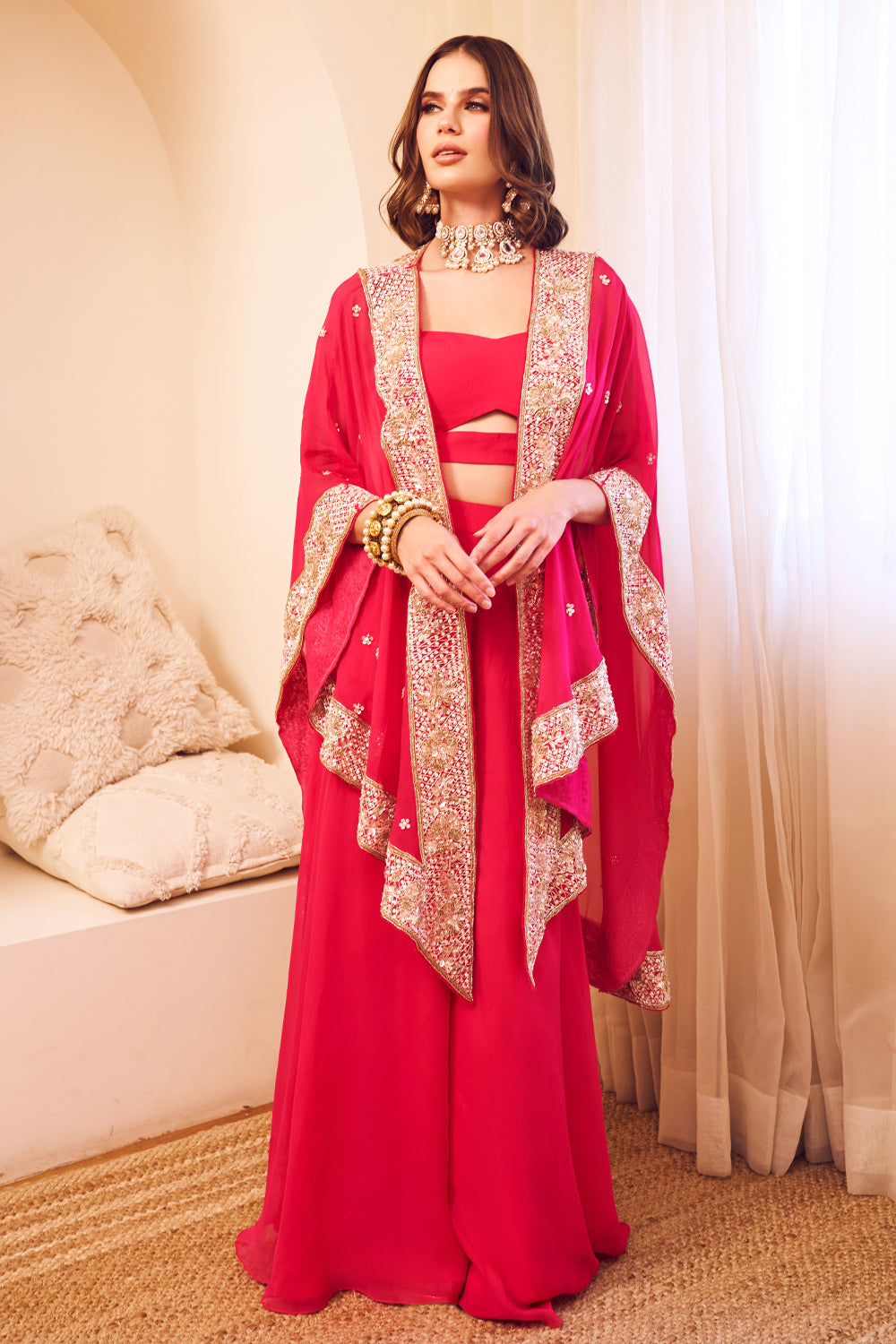 Mast Magan Pink Organza Lining Shantoon Embroidery Jashn Bahar Cape Set