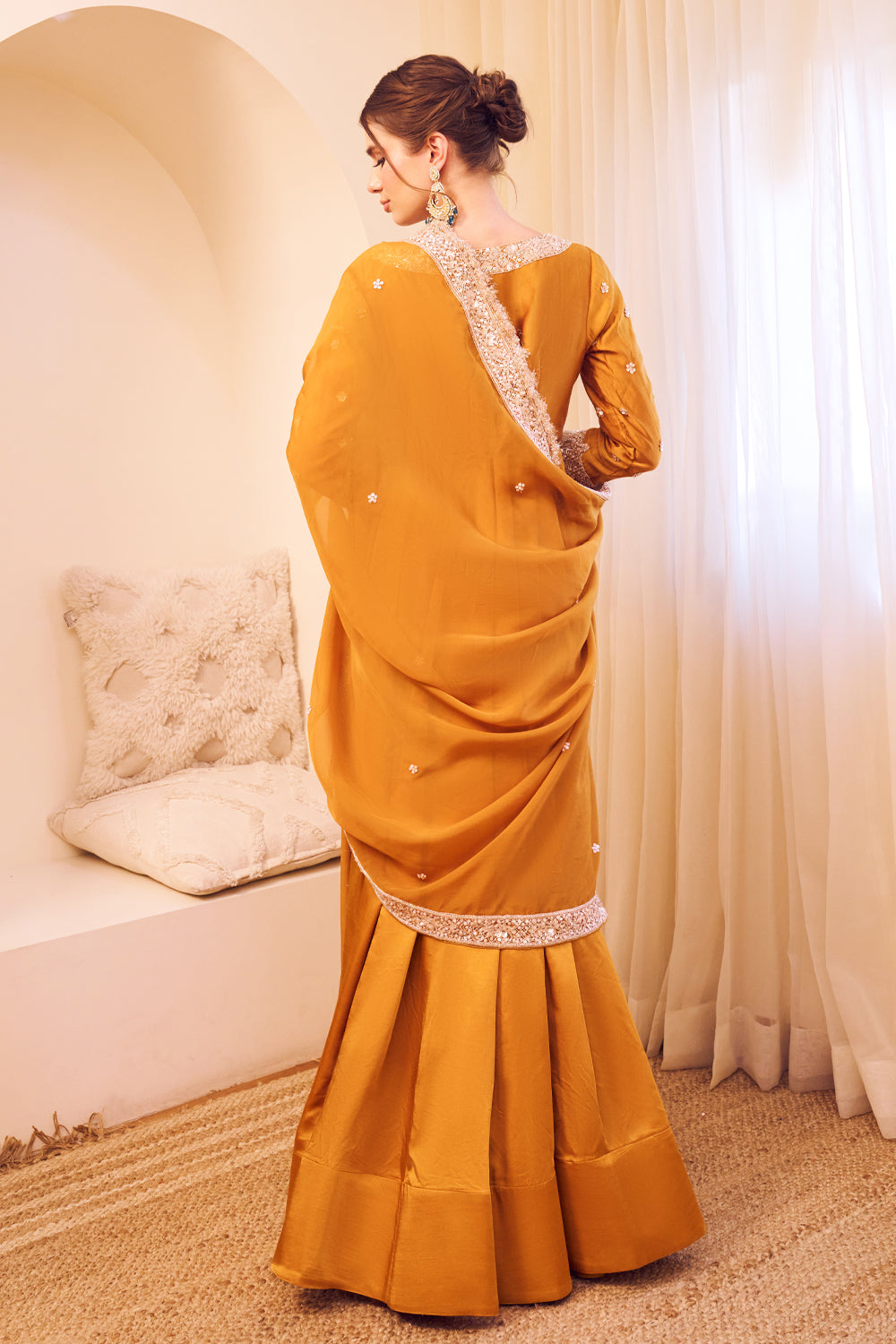 Meherbaan Yellow Satin Silk Lining Shantoon Ditsy Blossom Anarkali Set