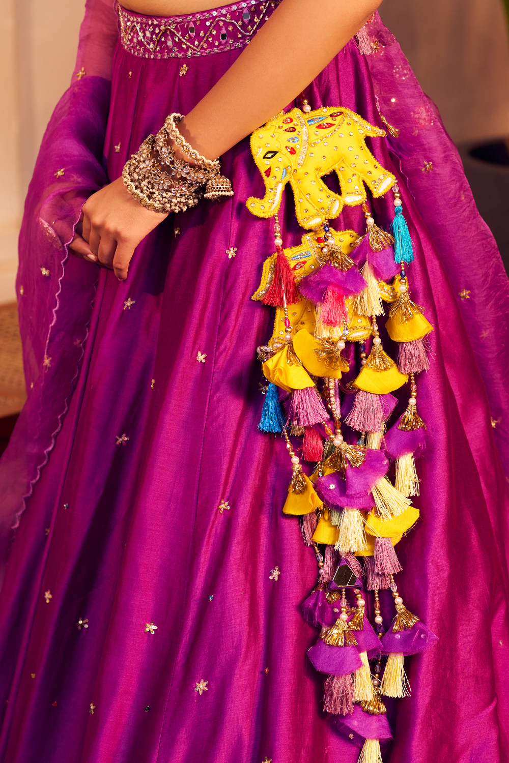 Aishwarya Purple Chanderi Embroidered Thread Elephant Patchwork Lehenga Set