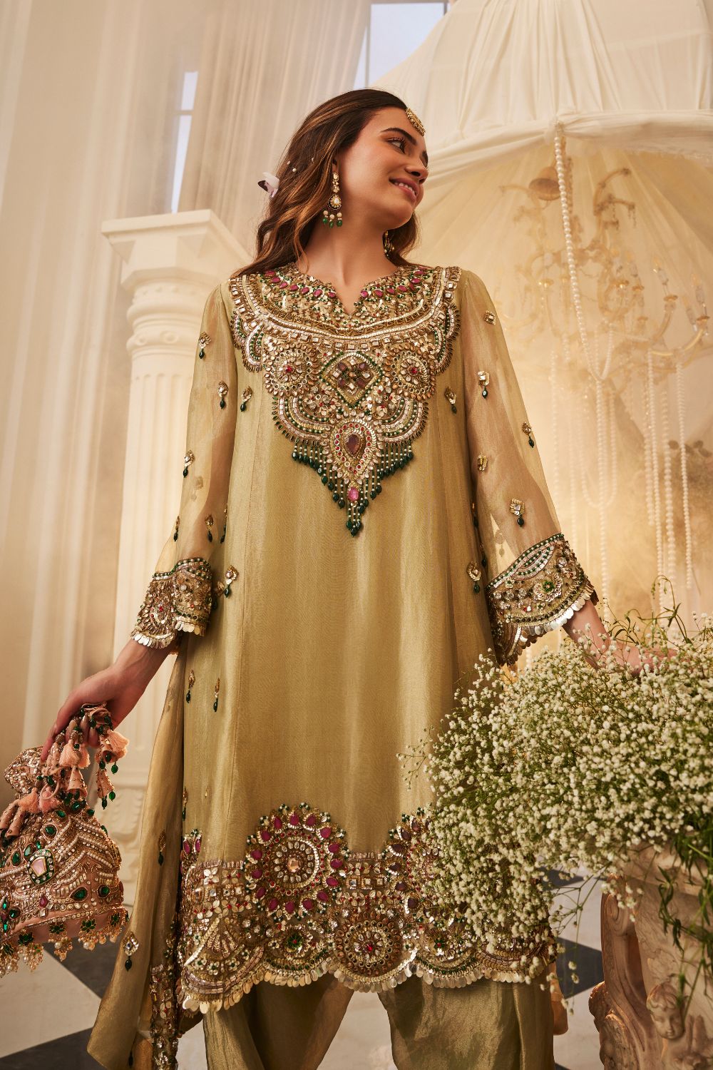 Moonlit Mint Hand Embroidered Tissue Suit Set