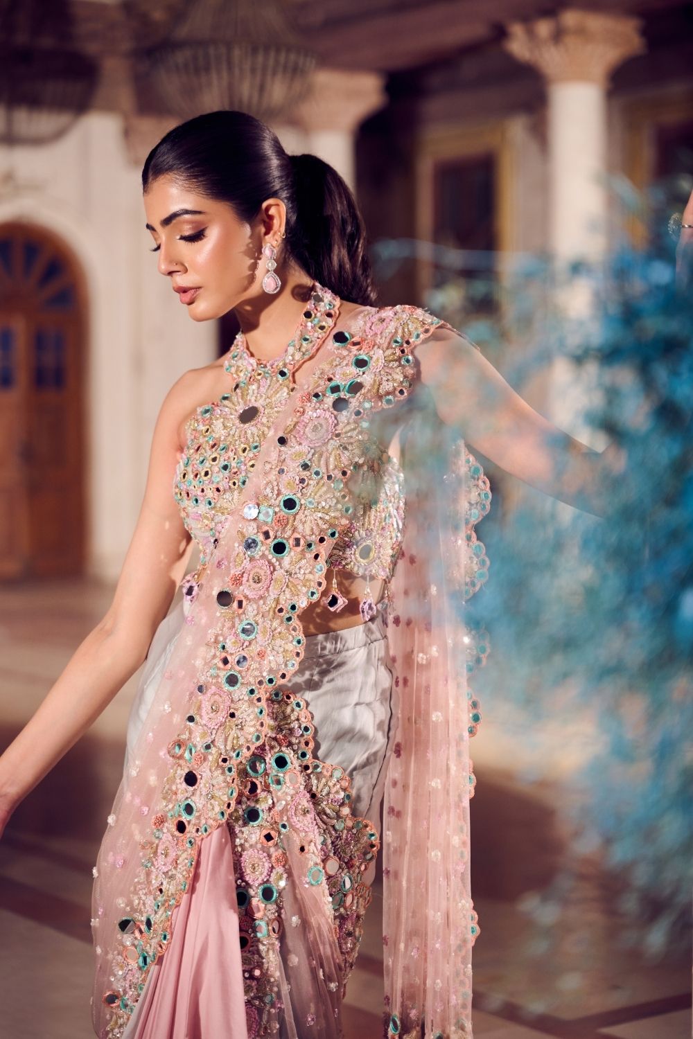 Madhur Rose Gold/Powder Blue Mirrorwork Pre-draped Saree